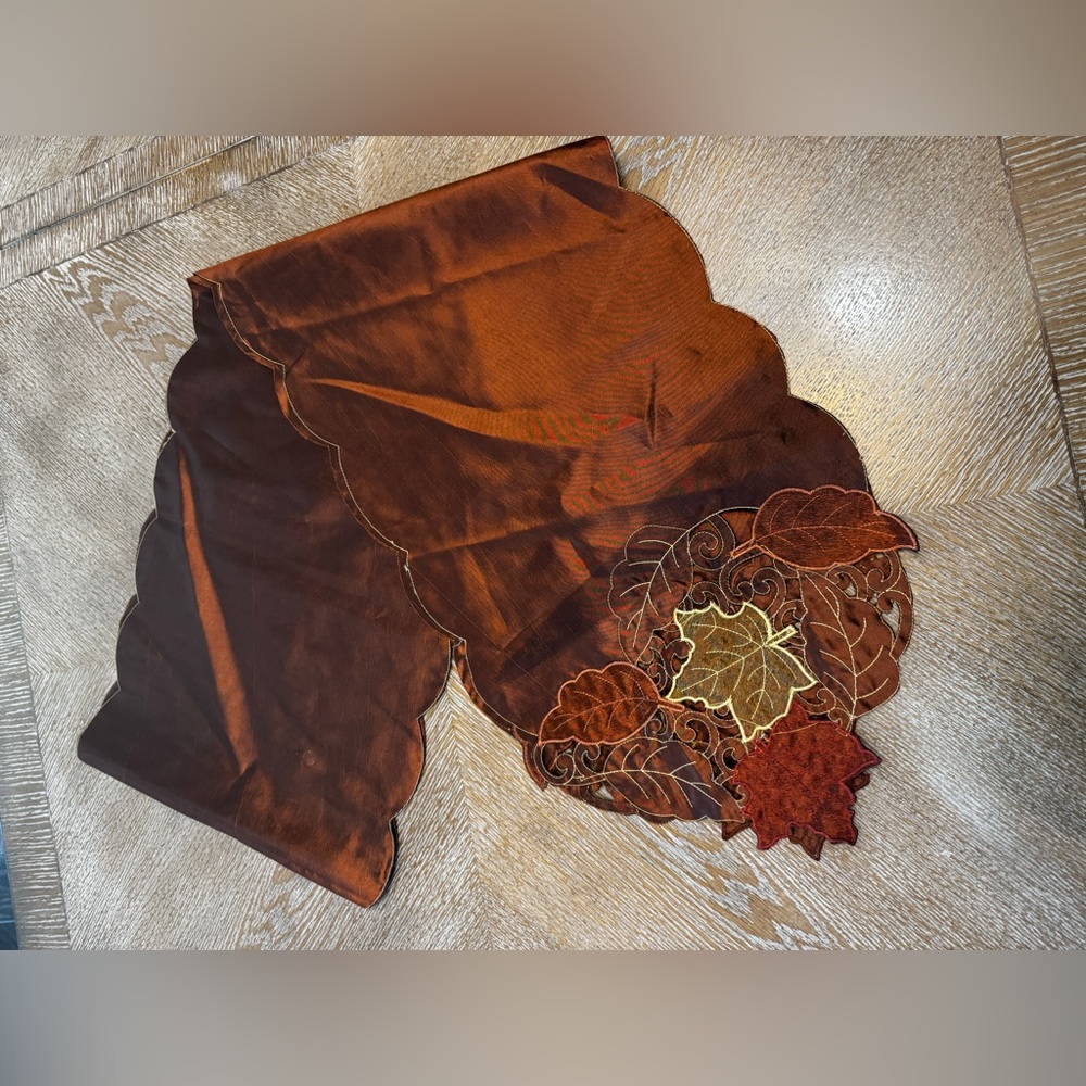 Fall Brown Leaves Embroidered Cut Out TABLE RUNNER  90”X 12.5” Polyester